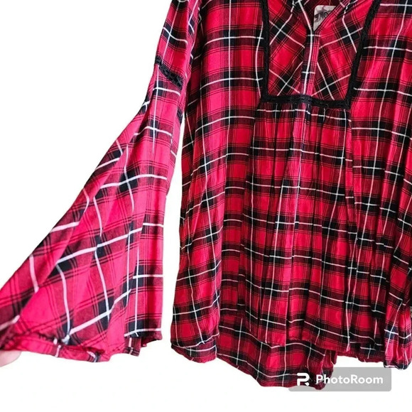 Lola P. Women’s L Boho Peasant Plaid Lace Trimmed Bell Sleeve Tunic Relaxed NWT - Picture 9 of 14